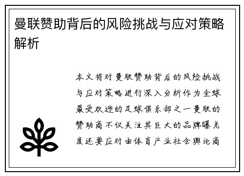 曼联赞助背后的风险挑战与应对策略解析